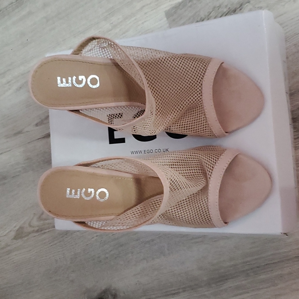 EGO Cardi Fishnet Peep Toe Mule In Nude Faux Suede